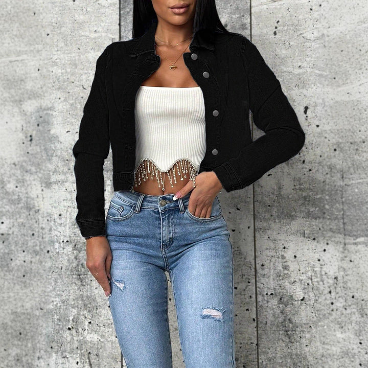 Women short-cut fitted denim jacket with full button placket and shirt collar Amarae