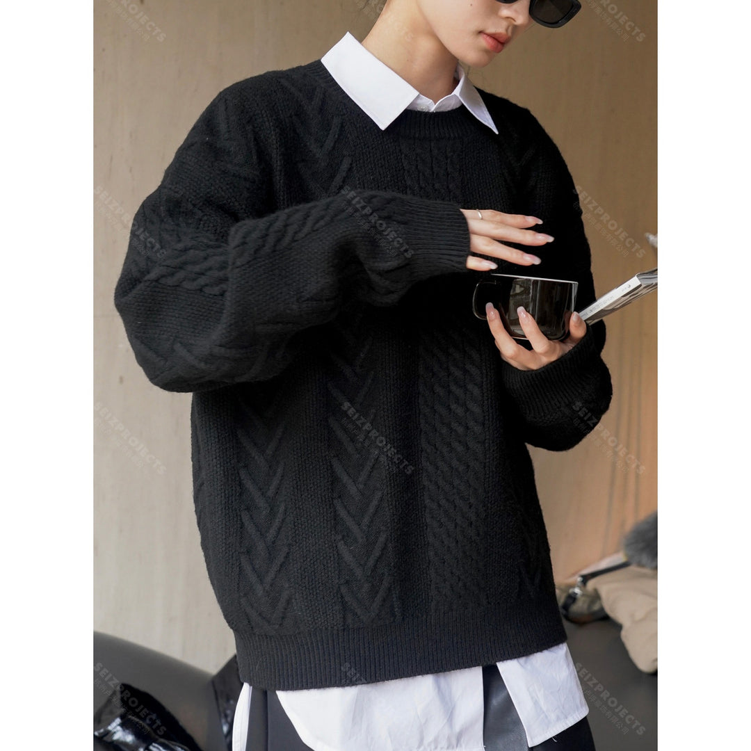 Women chunky knit boxy sweater with cable pattern, balloon sleeves and ribbed hem Amarae