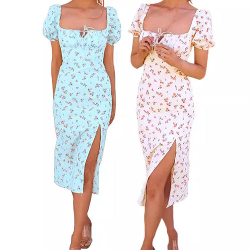Midi floral dress for women with puff sleeves and side slit Amarae