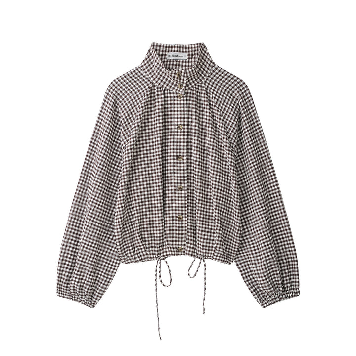 Women’s check blouse with stand-up collar, button closure and drawstring hem Amarae