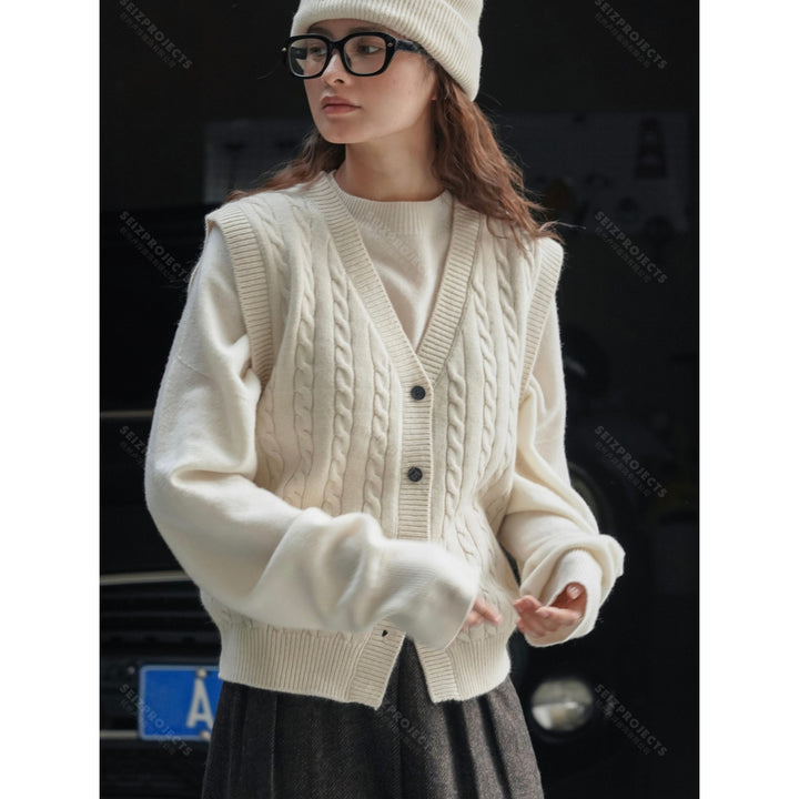 Women's chunky knit cable vest with deep V-neck and button placket Amarae