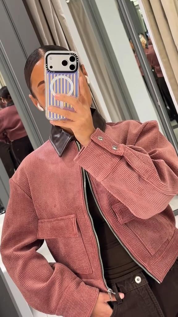Women's Short Cord Jacket with Contrasting Leather Collar, Oversized Silhouette and Metal Zipper Amarae