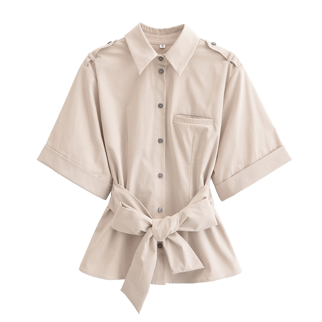 Short sleeve blouse for women with adjustable belt and practical pocket design Lune London