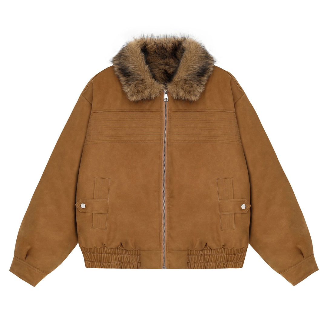 Women's Cropped Bomber Jacket with Faux Fur Collar, Zipper and Elastic Hem Amarae