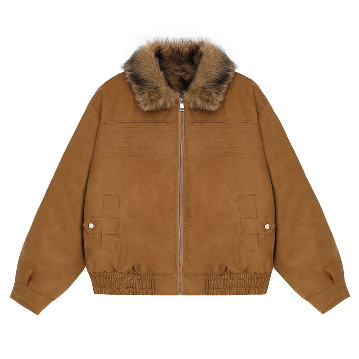 Women's Cropped Bomber Jacket with Faux Fur Collar, Zipper and Elastic Hem Amarae