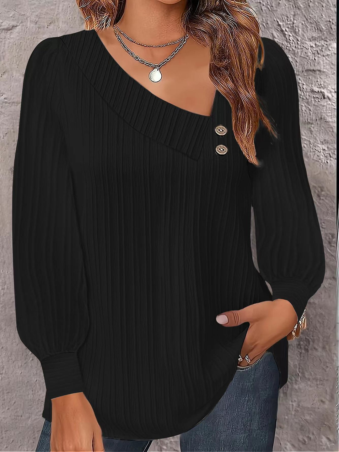 Ladies long sleeve trendy T-shirt with pleated texture and decorative buttons Lune London