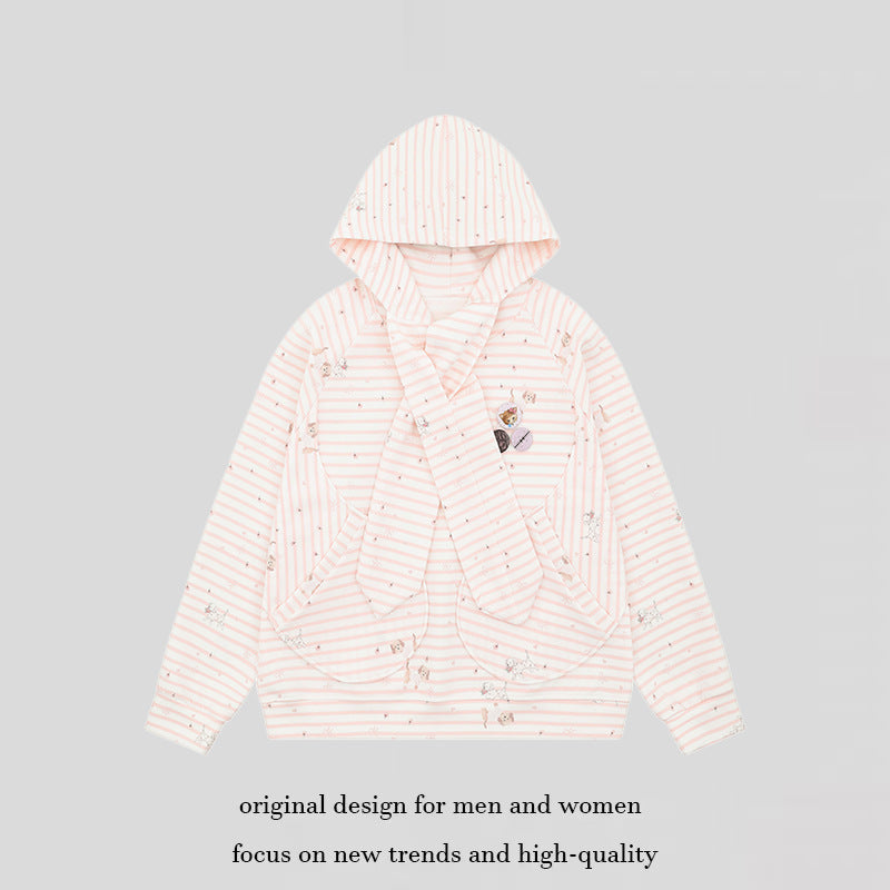 Women Cozy Hooded Oversized Sweater with Integrated Bow Scarf and Patch Pockets