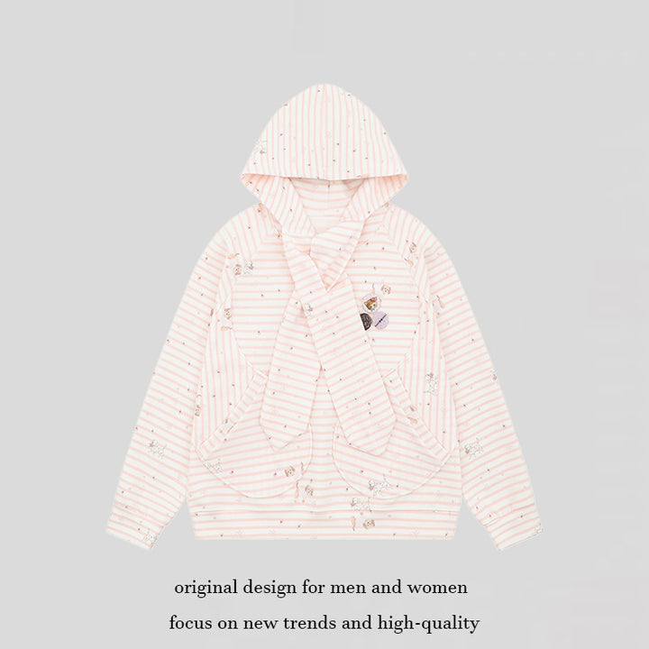 Women Cozy Hooded Oversized Sweater with Integrated Bow Scarf and Patch Pockets