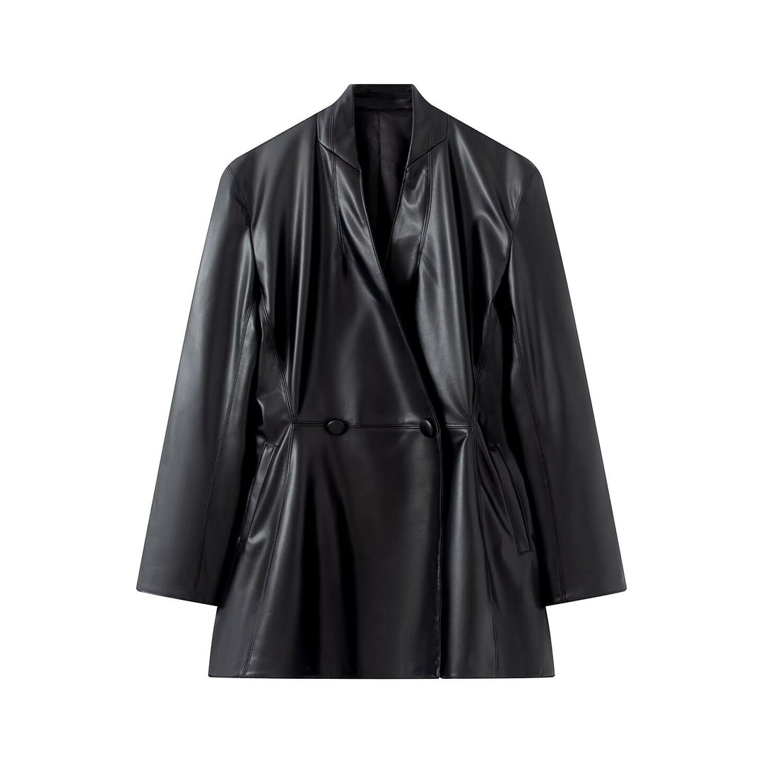 Women's Tailored Faux Leather Coat with Shawl Collar and Concealed Button Placket Amarae