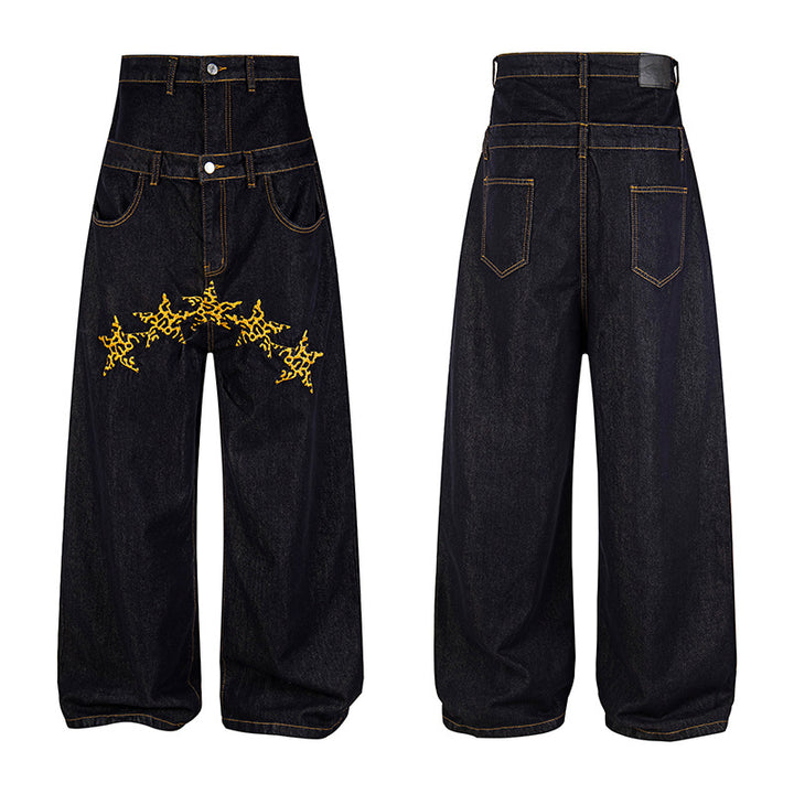 Women High-Waisted Wide Jeans with Decorative Star Embroidery Amarae