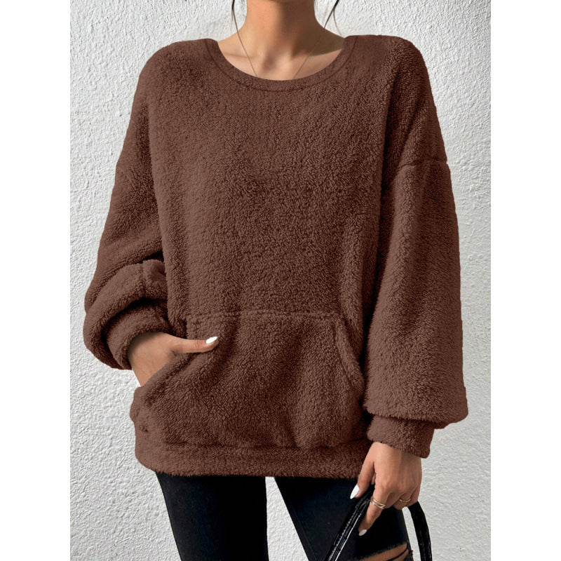 Ladies Cozy Oversized Sherpa Sweater with Kangaroo Pocket and Balloon Sleeves Amarae