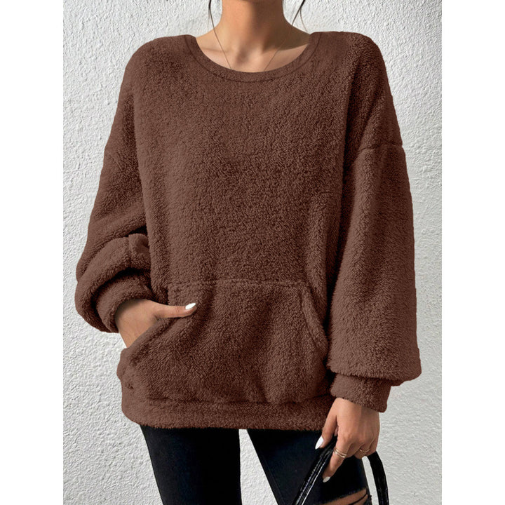 Ladies Cozy Oversized Sherpa Sweater with Kangaroo Pocket and Balloon Sleeves Amarae