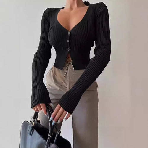 Knit cardigan for women with deep V-neck and button closure Amarae