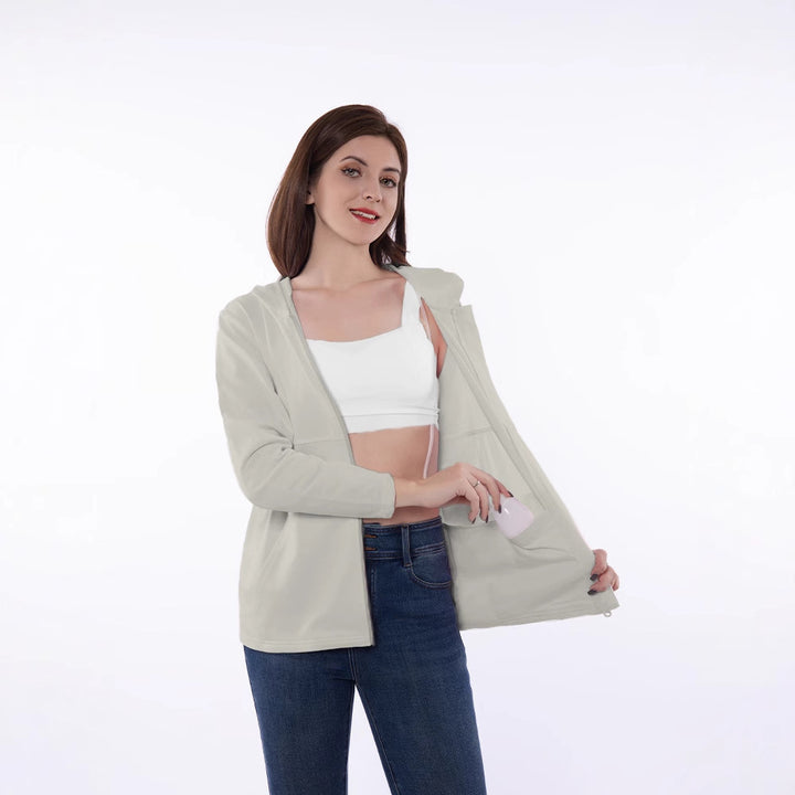 Casual zip-up hooded jacket for women with functional pockets and breathable fabric composition Lune London