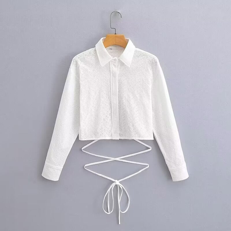 Women's Short-Cut Eyelet Embroidery Blouse with Shirt Collar and Long Ties Amarae