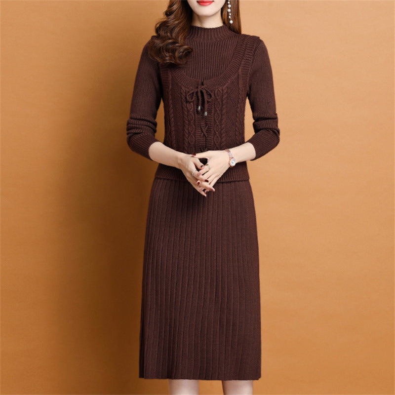 Elegant knitted dress for women with high collar and decorative braid design Lune London
