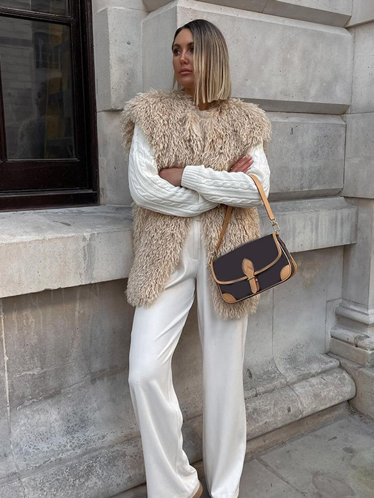 Women's Longer Cozy Faux Fur Vest with Shaggy Look and Front Pockets Amarae