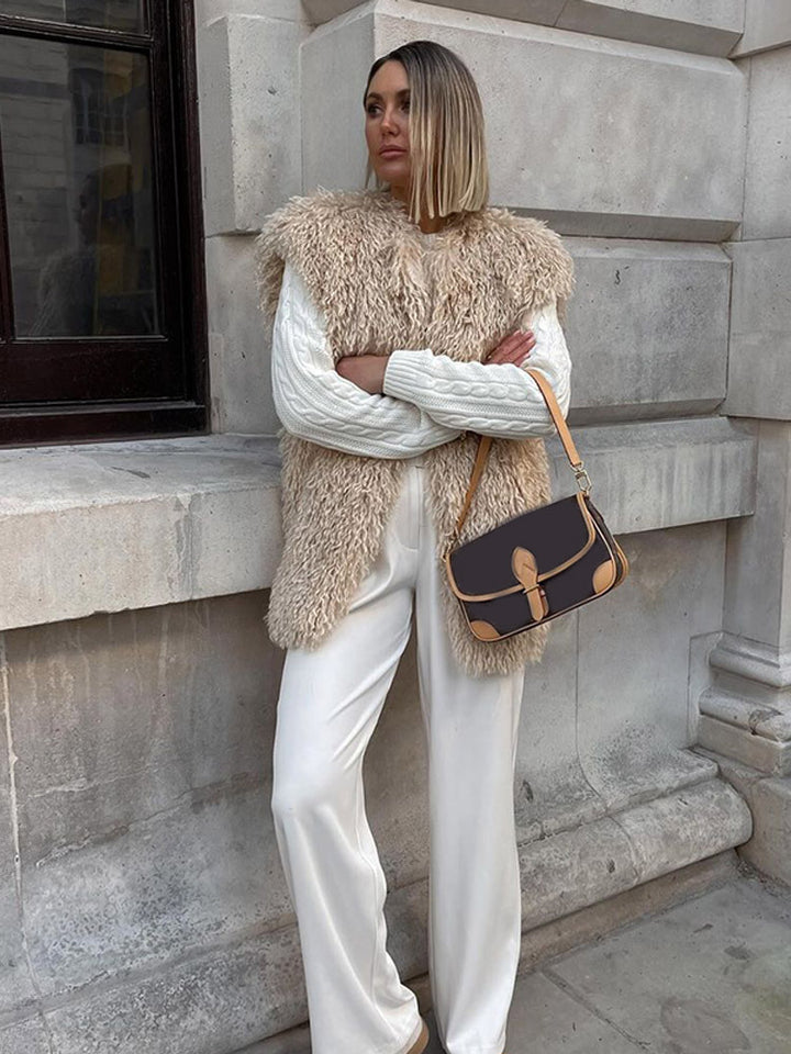 Women's Longer Cozy Faux Fur Vest with Shaggy Look and Front Pockets Amarae