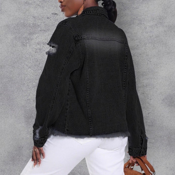 Women's Distressed Denim Jacket with Frayed Hem and Relaxed Fit Amarae