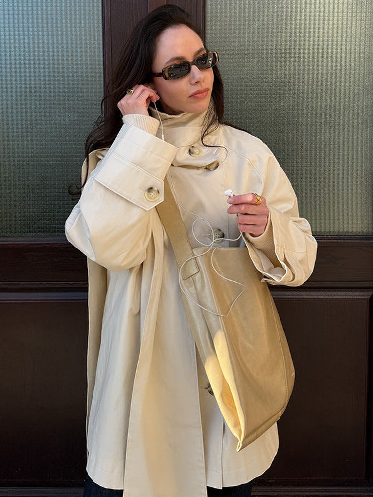 Ladies Short Oversize Trench Coat with High Stand-Up Collar, Concealed Button Placket & Wide Cuffs Amarae