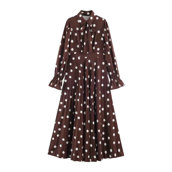 Women's Pleated Midi Dress in Shirt Blouse Style with Waist Seam and Ruffled Cuffs