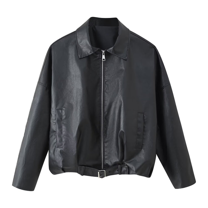 Fashionable synthetic leather jacket for ladies with a belt at the waist Lune London