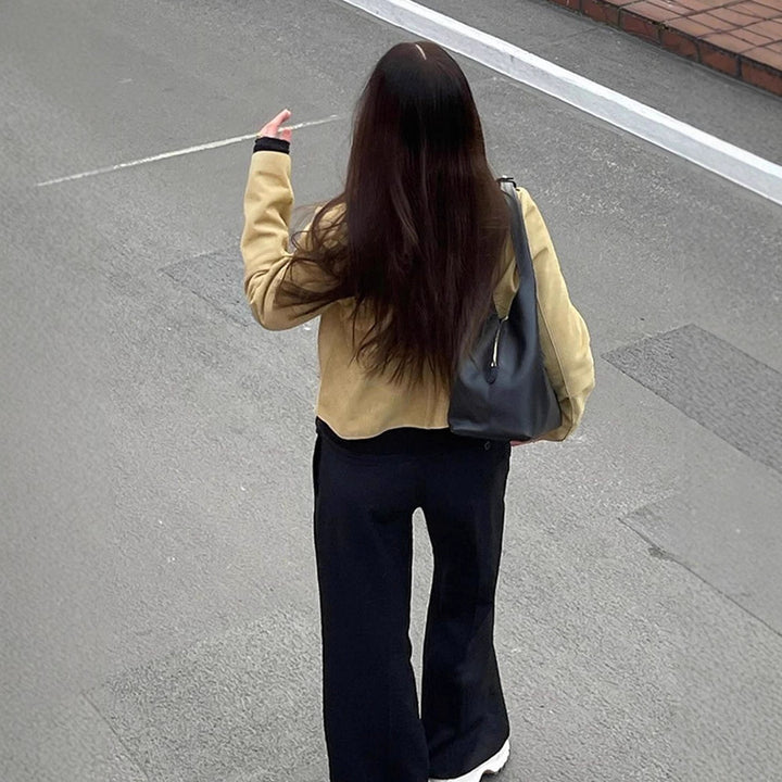 Women's Short Suede Jacket with Rounded Collar and Boxy Cropped Cut Amarae