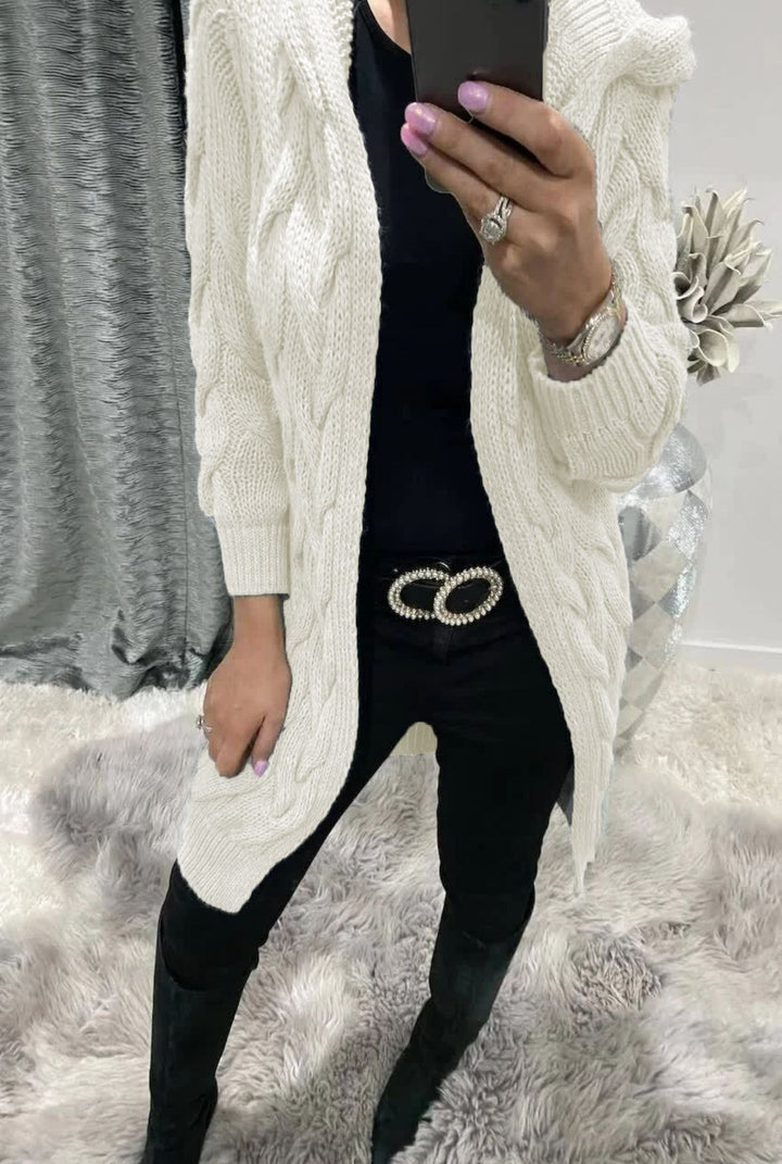 Ladies Chunky Knit Cardigan with Hood and Chic 3D Pattern