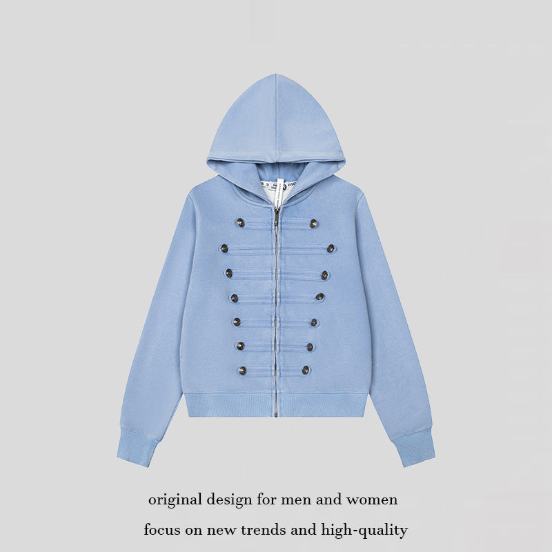 Women’s Hooded Sweat Jacket with Military Button Decoration and Full-Length Zipper Amarae
