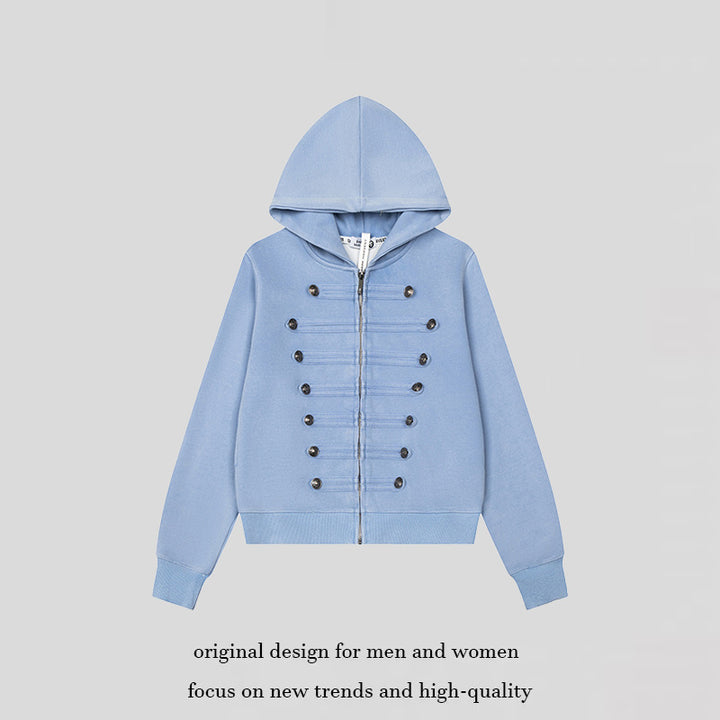 Women’s Hooded Sweat Jacket with Military Button Decoration and Full-Length Zipper Amarae