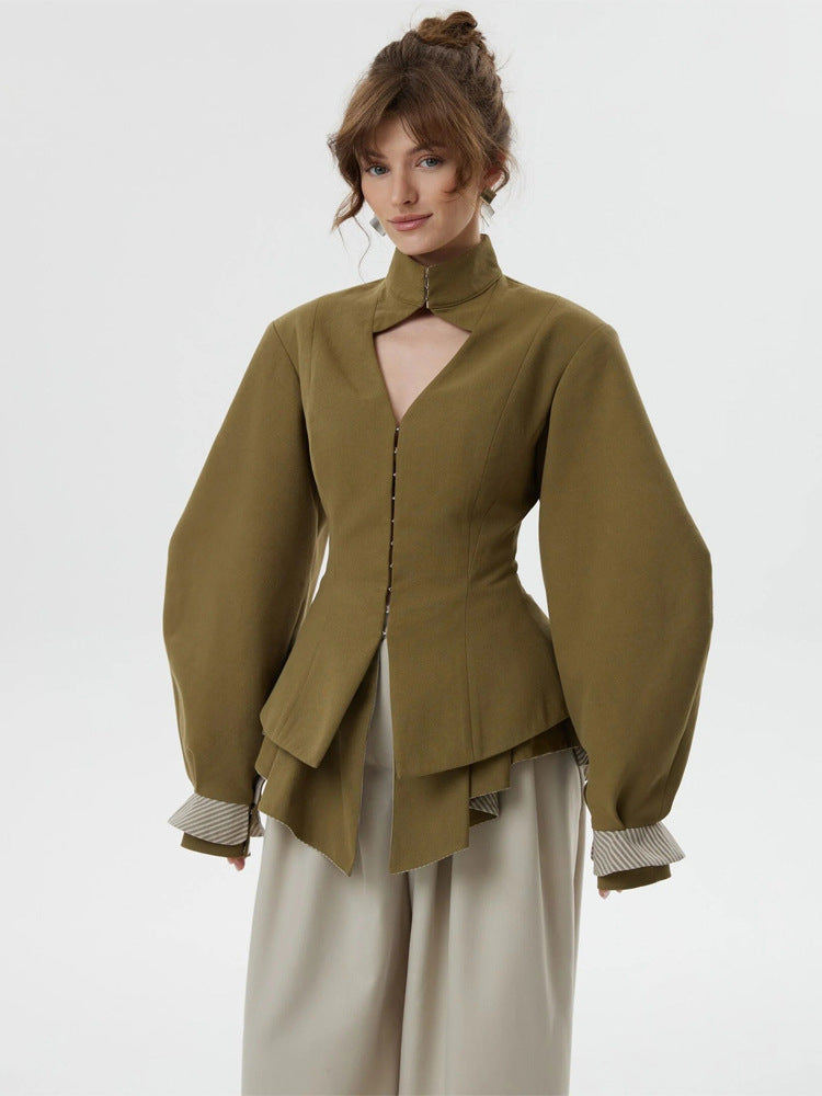 Women's tailored jacket with standing collar, cut-out and balloon sleeves Amarae