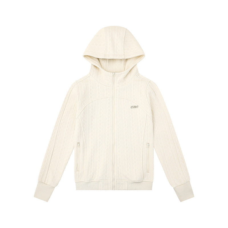 Women's hooded cardigan with cable knit pattern, full zip and side pockets Amarae