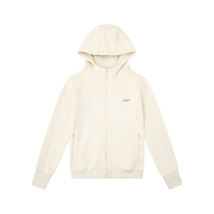 Women's hooded cardigan with cable knit pattern, full zip and side pockets Amarae
