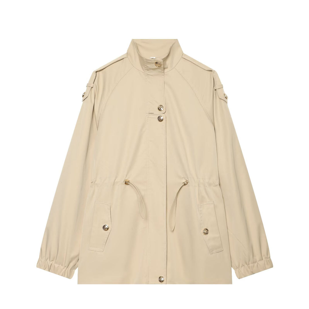 Women's lightweight parka with stand-up collar, drawstring waist, and shoulder patches Amarae