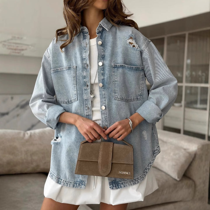 Women's denim jacket with a relaxed oversized fit and distressed details Lune London
