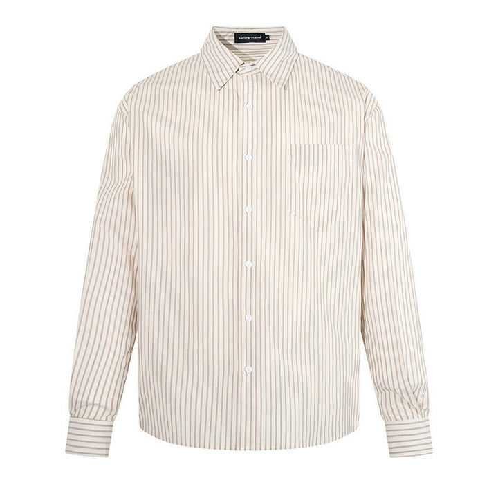 Men's Loose Shirt with Kent Collar, Fine Vertical Stripes and Chest Pocket Amarae