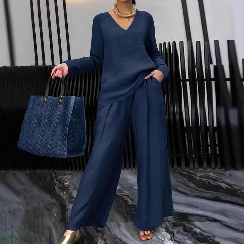 Women's Fine V-Neck Knit Sweater with Flowing Palazzo Pants Amarae