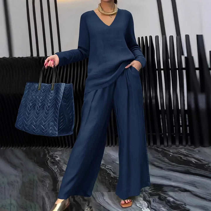 Women's Fine V-Neck Knit Sweater with Flowing Palazzo Pants Amarae