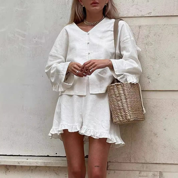 Light linen set for women with ruffle details Lune London