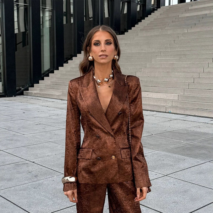 Women Double-Breasted Velvet Blazer and Cropped Pants Co-Ord Set Amarae