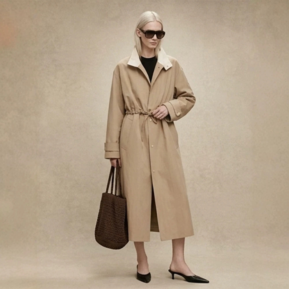Women Tailored Coat in Trenchcoat Style with Drawstring Waist and Contrast Collar Amarae