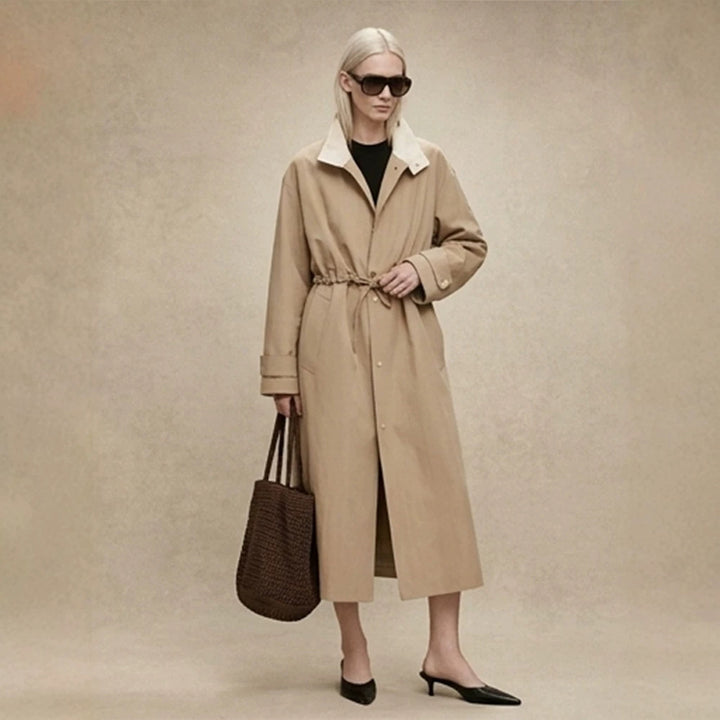 Women Tailored Coat in Trenchcoat Style with Drawstring Waist and Contrast Collar Amarae