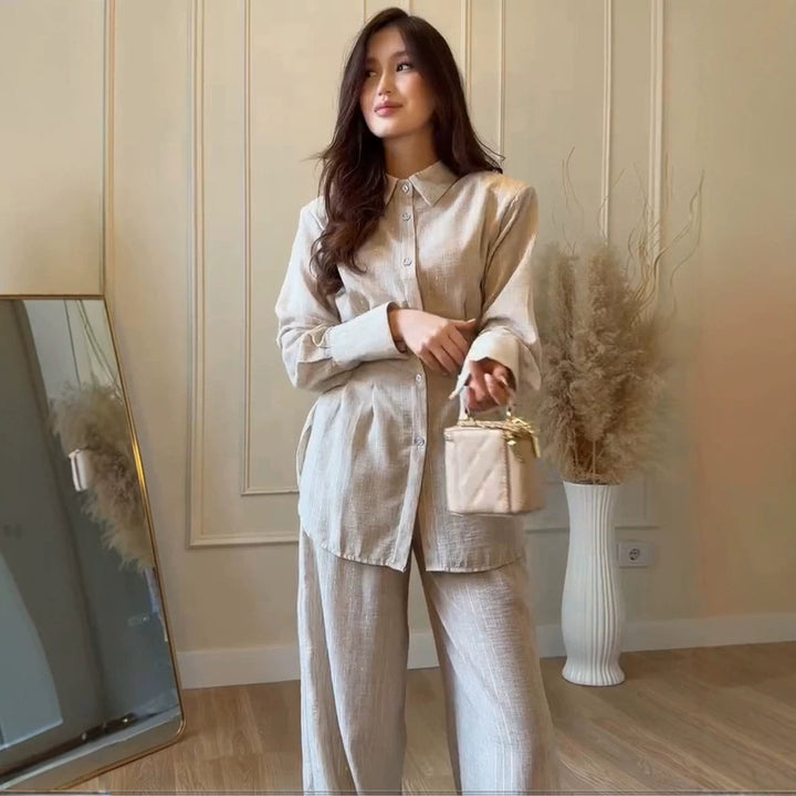 Women's Lightweight Linen Loungewear Set with Oversized Shirt and Wide Leg Pants Amarae