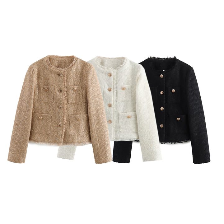 Elegant tweed jacket for women with fringes and practical pockets Lune London