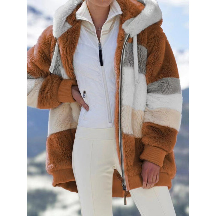 Women's Striped Oversized Teddy Jacket with Hood, Zipper and Ribbed Cuffs Amarae