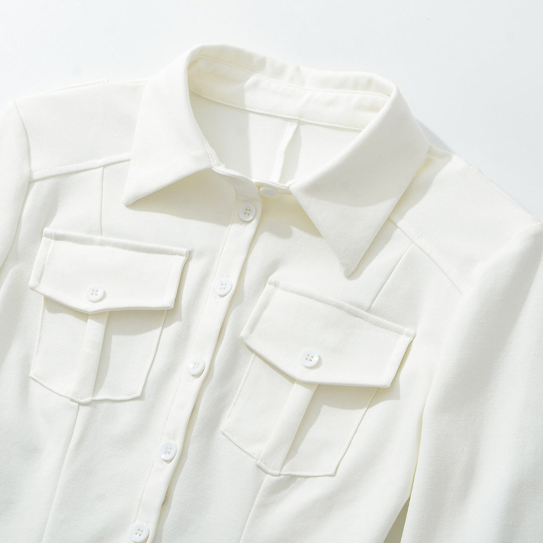 Women's fitted shirt blouse with chest pockets and fitted darts Amarae
