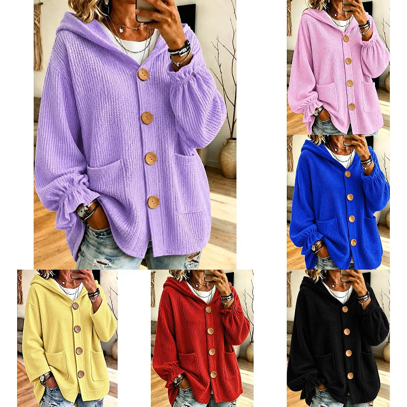 Women's Oversized Hooded Cardigan with Waffle Texture and Wooden Buttons Amarae