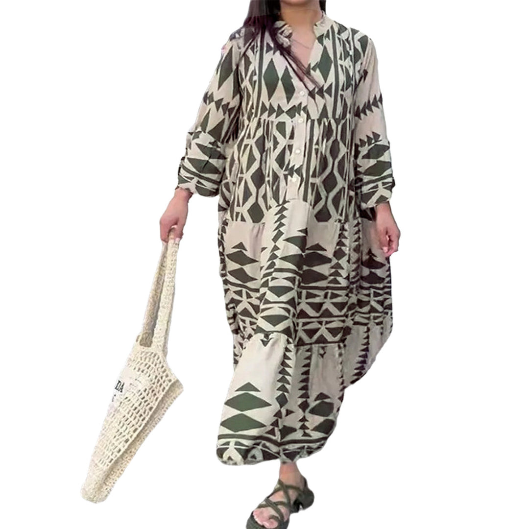 Women's Loose Maxi Dress in Boho Style with Graphic Print, V-Neck and Button Placket Amarae