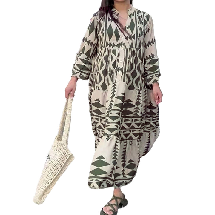 Women's Loose Maxi Dress in Boho Style with Graphic Print, V-Neck and Button Placket Amarae