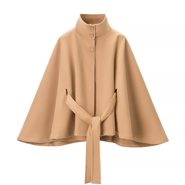 Women's short cape with stand-up collar, concealed button placket, and waist tie belt Amarae